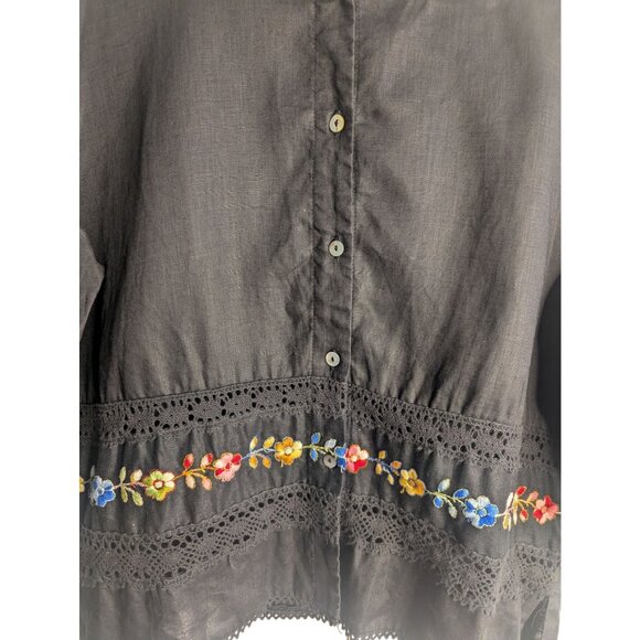 Womens Button-Up Blouse Sz L Black Embroidered Eyelet Lace Boho Hippie Festival - Picture 2 of 7